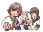  black_hair black_serafuku blue_jacket brown_eyes brown_hair crescent crescent_moon_pin food foreshortening fubuki_(kantai_collection) gradient_hair hair_flaps hair_ornament hairclip jacket kantai_collection karasu_(naoshow357) long_hair looking_at_viewer low_ponytail multicolored_hair multiple_girls mutsuki_(kantai_collection) one_eye_closed onigiri ponytail red_eyes remodel_(kantai_collection) scarf school_uniform serafuku short_ponytail sidelocks white_scarf yuudachi_(kantai_collection) 