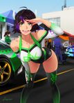  ahoge artist_name asymmetrical_clothes bare_shoulders black_hair breasts car cleavage clothes_writing commentary day elbow_gloves feguimel fingernails gloves gradient_hair green_eyes ground_vehicle hand_on_own_thigh highres large_breasts leaning_forward leotard motor_vehicle multicolored_hair multiple_girls nail_polish open_mouth original outdoors ponytail purple_hair race_queen race_track salute short_hair sky standing teeth thighhighs twitter_username 