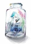  assi blue_eyes bottle caption commentary english hat hibiki_(kantai_collection) highres in_bottle in_container kantai_collection knees_to_chest long_hair looking_at_viewer partially_submerged pun simple_background sitting sketch solo too_literal white_background white_hair 