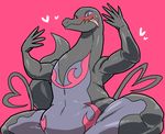  &lt;3 amphibian anthro belly female flat_chested funi nintendo nude pink_background pink_eyes pok&eacute;mon salazzle simple_background slightly_chubby solo thick_thighs tongue tongue_out video_games wide_hips 