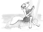  2016 anthro arctic_fox black_and_white canine clothed clothing crossed_legs disney eyes_closed female flower fox grass_skirt hula_dancer ittybittykittytittys jewelry lei mammal midriff monochrome necklace open_mouth plant singing sitting skye_(zootopia) solo ukulele zootopia 