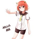 2016 absurdres bike_shorts black_shorts dated eyebrows eyebrows_visible_through_hair highres horns kaie original outstretched_arm red_eyes red_hair shirt short_hair short_shorts shorts simple_background smile solo white_background white_shirt 