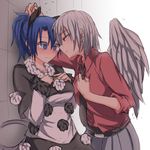 @_@ alternate_costume animal_ears belt blue_eyes blue_hair blush breast_suppress breasts collared_shirt contemporary doremy_sweet dress eyebrows_visible_through_hair feathered_wings grey_hair grey_wings hair_between_eyes half-closed_eyes kishin_sagume kuroba_rapid long_hair looking_at_another looking_down medium_breasts multiple_girls necktie no_hat no_headwear pants pom_pom_(clothes) ponytail red_eyes shirt shy single_wing smile tail tapir_ears tapir_tail touhou wall_slam wing_collar wings yuri 