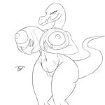  anthro areola big_areola big_breasts big_nipples black_and_white breasts female grey_scarborough huge_breasts monochrome nintendo nipples pok&eacute;mon pussy salazzle signature simple_background slit_pupils smile video_games white_background 