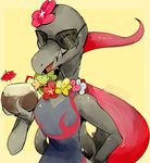  2016 anthro beverage comfey eyes_closed eyewear female flower lizard nintendo open_mouth pkbunny plant pok&eacute;mon reptile salazzle scalie simple_background smile solo straw sunglasses tongue umbrella video_games 