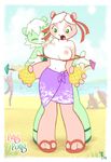  2009 anthro beach bear big_breasts border breasts clothed clothing colored day detailed_background duo exposed eyes_closed female flashing happy joe_randel mammal nipples open_mouth outside panda partially_clothed ping_(joe_randel) pong_(joe_randel) ribbons seaside signature smile spread_arms standing surprise text white_border 