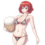  bikini breasts commentary drumsticks highres horikawa_raiko instrument profitshame red_eyes red_hair simple_background solo swimsuit taiko_drum touhou 