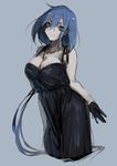  bangs bare_shoulders black_dress black_gloves breasts cleavage closed_mouth dress facial_mark gen_7_pokemon gloves grey_background hair_between_eyes highres kz_609 large_breasts long_hair personification pokemon simple_background smile solo wishiwashi 