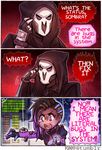  1girl 3koma asymmetrical_hair bug coffee_mug comic commentary cup dark_skin earrings english hood insect jacket jewelry kataro mask mole mole_under_eye mug multicolored_hair overwatch pun purple_eyes purple_hair reaper_(overwatch) silk sombra_(overwatch) speech_bubble spider spider_web too_literal trench_coat two-tone_hair 