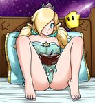  :o alternate_hairstyle aqua_eyes artist_name babydoll bare_shoulders bed bed_sheet blonde_hair book breasts cameltoe chiko_(mario) collarbone crown earrings fingernails hair_over_one_eye holding holding_book jewelry knees_up lips long_hair looking_at_viewer mario_(series) medium_breasts nail_polish nipples panties partially_visible_vulva pillow revtilian rosetta_(mario) see-through sitting sky spread_legs star star_(sky) starry_sky strapless super_mario_galaxy toenail_polish toenails toes twintails underwear 