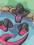  aliasing conditional_dnp female grumpyvulpix hands_behind_head hot_spring lizard nude partially_submerged pinup pose reclining reptile salazzle scalie semi-anthro signature solo steam water 