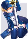  :/ ahoge artoria_pendragon_(all) baseball_cap blonde_hair blue_eyes blue_jacket blue_legwear blue_scarf character_name commentary_request dutch_angle excalibur fate/grand_order fate_(series) grey_background hat highres holding holding_sword holding_weapon jacket kneeling looking_at_viewer mysterious_heroine_x name_tag rojiura_satsuki:_chapter_heroine_sanctuary scarf shadow shiime short_hair shorts simple_background solo sword thighhighs thighs track_jacket weapon white_background 