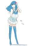  ;o arm_behind_back bangs bare_shoulders blue_eyes blue_hair blue_legwear brionne collarbone dress eyebrows_visible_through_hair flat_chest flower full_body gen_7_pokemon hair_between_eyes hair_flower hair_ornament kz_609 long_hair one_eye_closed open_mouth personification pink_pupils pokemon shadow simple_background solo standing thighhighs white_background wristband zettai_ryouiki 