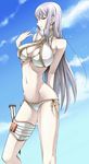  artist_request bikini breasts cleavage covered_nipples knife large_breasts long_hair navel red_eyes selvaria_bles senjou_no_valkyria senjou_no_valkyria_1 side-tie_bikini silver_hair solo swimsuit underboob white_bikini zip 