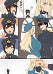  2boys admiral_(kantai_collection) atago_(kantai_collection) beret black_eyes black_hair blonde_hair breasts brown_eyes brown_hair comic hat heart highres huge_breasts kantai_collection kloah little_boy_admiral_(kantai_collection) military military_hat military_uniform multiple_boys open_mouth smile star translated uniform 