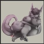  anus big_breasts breasts butt claws female fur grey_body grey_eyes grey_fur grey_hair hair huge_breasts nipples pussy reet scalie simple_background solo stripes tongue tongue_out unknown_artist 