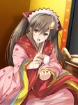  alicia_melchiott bread brown_eyes brown_hair food hair_ornament japanese_clothes long_hair looking_at_viewer open_mouth senjou_no_valkyria senjou_no_valkyria_1 solo twintails watermark yuuki_makoto_(radiant) 