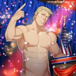  1boy 2016 abs america american_flag bara belly bird blonde_hair blue blue_background blue_eyes clenched_teeth confetti donald_trump eagle human light-skinned lights male male_focus midriff muscle nipples nsfwbetitngoan nude old_man one_arm_up pectorals pointing pointing_up politician politics real_life realistic smile smug solo stage_lights standing upper_body yaoi 