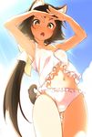  :o animal_ears armpits arms_up ass_visible_through_thighs bare_arms bare_shoulders blue_sky blush breasts brown_hair camisole cat_ears cat_tail cloud cloudy_sky collarbone commentary_request cowboy_shot day frilled_panties frills from_below hair_ribbon hand_on_forehead hatakenaka_(kamagabuchi) kemonomimi_mode light_rays long_hair looking_at_viewer looking_down low_ponytail mikakunin_de_shinkoukei mitsumine_mashiro navel open_mouth outdoors panties ribbon sky sleeveless small_breasts solo standing stomach tail tareme underwear underwear_only white_panties white_ribbon yellow_eyes 