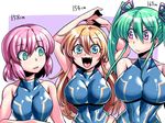  bare_shoulders blonde_hair blue_eyes breast_envy breasts bust_chart commentary_request competition_swimsuit edomae_neon empty_eyes fang green_eyes hair_ribbon large_breasts long_hair medium_breasts multiple_girls one-piece_swimsuit open_mouth original pink_eyes pink_hair ribbon short_hair swimsuit tsuki_wani twintails 