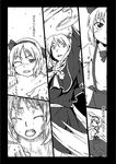  alice_margatroid alice_margatroid_(pc-98) black_border border comic crying dirty_clothes dirty_face greyscale monochrome multiple_girls one_eye_closed shinki t-asama tears touhou touhou_(pc-98) translation_request 