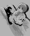  blanket blush_stickers commentary elbow_rest girls_und_panzer greyscale hand_on_own_cheek hands_on_another's_chest highres long_hair long_sleeves lying monochrome multiple_girls nishizumi_miho on_back pajamas pillow reizei_mako short_hair short_sleeves sleeping smile under_covers yawaraka_black yuri 