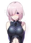  absurdres bare_shoulders blush fate/grand_order fate_(series) flying_sweatdrops hair_over_one_eye highres mash_kyrielight navel pink_hair purple_eyes short_hair simple_background solo white_background xiujia_yihuizi 