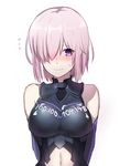  absurdres bare_shoulders blush chinese commentary_request fate/grand_order fate_(series) flying_sweatdrops hair_over_one_eye highres mash_kyrielight navel pink_hair purple_eyes short_hair simple_background solo white_background xiujia_yihuizi 