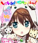  :3 :o animal animal_costume animal_ears animal_hood asteion blue_eyes blush blush_stickers brown_hair cat cat_ears cat_hood collar copyright_name fang fujima_takuya fuuka_reventon hood huracan_(vivid_strike!) long_hair long_sleeves lyrical_nanoha paw_pose pink_background shiny shiny_hair sidelocks sparkle speech_bubble tail vivid_strike! 