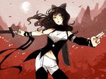  black_hair blake_belladonna bow broken_moon contrapposto detached_sleeves gigaslash groin long_hair midriff moon nail_polish navel ribbon rwby sketch solo standing wavy_hair yellow_eyes 