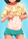  10s 1girl closed_mouth collarbone cowboy_shot denim_shorts female female_protagonist_(pokemon_sm) floral_print lollipop_(9474083) navel nintendo one-piece_tan pokemon pokemon_sm print_shirt short_shorts simple_background smile solo standing stomach tan tanline 
