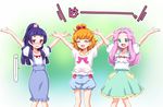  :d \o/ ^_^ arms_up asahina_mirai blonde_hair closed_eyes embarrassed flying_sweatdrops green_eyes ha-chan_(mahou_girls_precure!) hanami_kotoha izayoi_liko kazuma_muramasa mahou_girls_precure! multiple_girls open_mouth outstretched_arms pink_hair precure purple_hair red_eyes smile spread_arms 