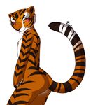  2016 amber_eyes anthro areola bedroom_eyes black_nose blush bourbon._(artist) breasts butt claws feline female flat_chested fur half-closed_eyes hi_res invalid_tag kung_fu_panda mammal markings master_tigress nipples nude orange_fur pawpads seductive simple_background small_breasts smile solo striped_fur stripes tail_markings tiger white_background white_fur yellow_sclera 