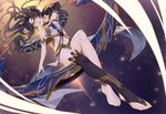  &gt;:) ankle armlet asymmetrical_legwear bare_shoulders barefoot black_hair breasts commentary_request crown detached_sleeves earrings fate/grand_order fate_(series) feet full_body heavenly_boat_maanna hoop_earrings ishtar_(fate/grand_order) jewelry jh kneehighs long_hair long_legs looking_at_viewer navel neck_ring parted_lips pelvic_curtain single_kneehigh single_sleeve small_breasts smile solo stomach toeless_legwear two_side_up v-shaped_eyebrows yellow_eyes 