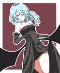  :d alternate_costume bare_shoulders bat_wings black_dress blue_hair blush body_blush breasts cleavage commentary dress dress_lift elbow_gloves gloves highres kz_oji long_hair looking_at_viewer low_wings medium_breasts older open_mouth red_eyes remilia_scarlet slit_pupils smile solo strapless strapless_dress thighs touhou wings 