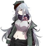  blush_stickers breasts chinese_commentary commentary_request g11_(girls_frontline) girls_frontline large_breasts long_hair midriff navel off_shoulder older panties partial_commentary shirt silver_hair simple_background sleepy solo tied_shirt unbuttoned underwear white_background white_panties xiujia_yihuizi 
