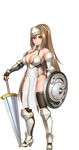 1girl armor bare_shoulders blonde_hair breasts cleavage large_breasts legs long_hair looking_at_viewer mound_of_venus orange_eyes sennen_sensou_aigis shield simple_background smile solo standing sword thighs transparent_background weapon white_background zenobia_(sennen_sensou_aigis) 