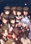  &gt;:( arms_around_neck ayanami_(kantai_collection) bangs black_hair blue_skirt blunt_bangs blush bow braid brown_eyes brown_hair brown_scarf checkered checkered_scarf cheek_kiss closed_eyes coat crossed_arms frown fubuki_(kantai_collection) green_eyes hair_bow hair_over_shoulder hair_ribbon hatsuyuki_(kantai_collection) headgear high_ponytail ichikawa_feesu isonami_(kantai_collection) kantai_collection kiss light_smile lips long_hair long_sleeves looking_at_another looking_at_viewer looking_away miyuki_(kantai_collection) multiple_girls murakumo_(kantai_collection) navel neckerchief necktie odd_one_out open_mouth pleated_skirt ponytail red_neckwear red_ribbon remodel_(kantai_collection) ribbon sailor_collar scarf school_uniform serafuku shikinami_(kantai_collection) shirayuki_(kantai_collection) short_hair short_ponytail short_sleeves side_ponytail sidelocks silver_hair single_braid skirt snowing tareme tsurime twintails uranami_(kantai_collection) v-shaped_eyebrows winter_clothes 