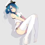 alternate_costume bare_shoulders blue_eyes blue_hair breasts eyes_visible_through_hair female_admiral_(kantai_collection) grey_background hair_over_one_eye hat highres kantai_collection large_breasts long_hair lying midriff miniskirt on_side panties shadow side-tie_panties skirt solo tebi_(tbd11) thighhighs tied_hair underwear white_legwear white_skirt 