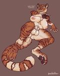  2016 animal_genitalia animal_penis anthro balls big_breasts breasts equine_penis feline fur intersex mammal nipples paws penis pixelsketcher simple_background slightly_chubby solo stripes thick_thighs tiger uchoa wide_hips 