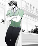  bad_id bad_pixiv_id battle_tendency birthmark closed_eyes collarbone digital_media_player earphones green ground_vehicle joestar_birthmark jojo_no_kimyou_na_bouken joseph_joestar_(young) male_focus monochrome p_(asobijanenda) shirt solo spot_color t-shirt train_interior tree 