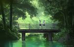  2girls artist_name bag black_hair blue_skirt bridge dead-robot glint green kneehighs multiple_girls nature neckerchief original outdoors railing rock school_bag school_uniform serafuku short_hair short_sleeves skirt stream tree v_arms walking water white_legwear 