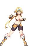  armlet artist_request awakening_(sennen_sensou_aigis) bangs bare_shoulders bike_shorts bikini_top blonde_hair blue_eyes boots breasts cleavage collarbone fighting_stance full_body gauntlets gina_(sennen_sensou_aigis) knee_boots large_breasts long_hair looking_at_viewer midriff navel official_art scar sennen_sensou_aigis shorts sleeveless smile solo transparent_background vest 