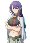  &gt;:( angry bikini blue_hair breasts cleavage crossed_arms frown girlish_number green_bikini half_updo halter_top halterneck jacket_on_shoulders large_breasts long_hair looking_at_viewer midriff navel purple_eyes see-through shibasaki_kazuha simple_background solo swimsuit v-shaped_eyebrows white_background xiujia_yihuizi 