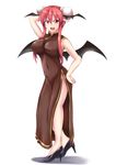  absurdres alternate_costume alternate_hairstyle arm_behind_back armpits bare_arms bat_wings breasts brown_dress china_dress chinese_clothes commentary_request covered_navel double_bun dress full_body hand_on_hip head_wings high_heels highres impossible_clothes koakuma large_breasts looking_at_viewer masegohan parted_lips pose red_eyes red_hair side_slit sidelocks sleeveless sleeveless_dress solo touhou wings 