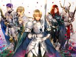  4boys airgetlam_(fate) armor bedivere cape clarent excalibur_galatine fate/apocrypha fate/extra fate/grand_order fate_(series) full_armor gauntlets gawain_(fate/extra) green_eyes helmet holding holding_sword holding_weapon horns knight knights_of_the_round_table_(fate) lancelot_(fate/grand_order) long_hair mordred_(fate) mordred_(fate)_(all) multiple_boys pauldrons petals purple_hair red_hair sword tristan_(fate/grand_order) weapon weed_(astarone) 