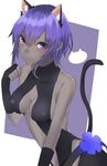  animal_ears animal_print bangs bare_shoulders black_gloves blush breasts cat_ears cat_print cat_tail cleavage dark_skin fate/prototype fate/prototype:_fragments_of_blue_and_silver fate_(series) fingerless_gloves gloves hair_between_eyes hand_up hassan_of_serenity_(fate) highres looking_at_viewer medium_breasts onineko-chan paw_pose purple_background purple_eyes purple_hair short_hair simple_background sleeveless solo tail two-tone_background white_background 