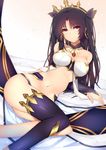 bare_shoulders black_hair commentary_request earrings fate/grand_order fate_(series) hair_ribbon heavenly_boat_maanna hoop_earrings ishtar_(fate/grand_order) jewelry long_hair long_legs looking_at_viewer red_eyes ribbon saisarisu smile solo two_side_up 