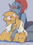  alphys animal_humanoid anthro blush boss_monster breasts claws clothing duo eye_patch eyewear female female/female fish foreplay glasses grope hair humanoid lizard marine mightyworld nude open_mouth pussy red_hair reptile scalie teeth undertale undyne video_games 