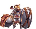  ahoge armor armored_boots boots breasts bursting_breasts dine_(sennen_sensou_aegis) full_body green_eyes hair_between_eyes highres holding_shield huge_weapon large_breasts long_hair looking_at_viewer mace official_art plaid sennen_sensou_aigis shield side_ponytail skirt solo tasaka_shinnosuke transparent_background very_long_hair weapon 